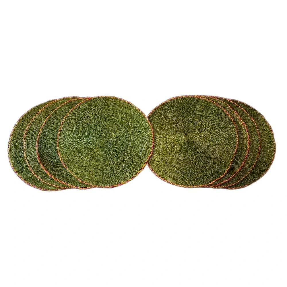 Set of 8 Round Green Jute Placemats Woven Braided 15